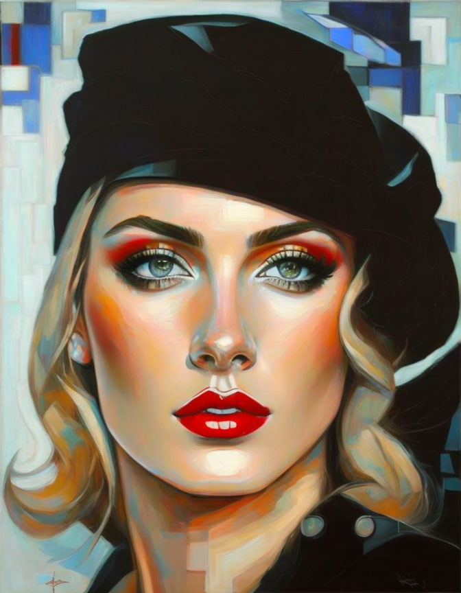 Vibrant portrait of a woman in black hat on geometric backdrop