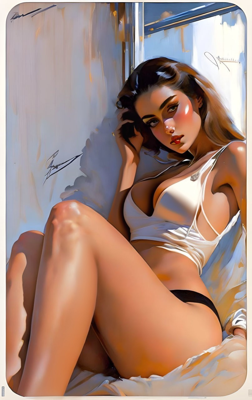 Stylized digital painting of a woman in white crop top sitting against a wall