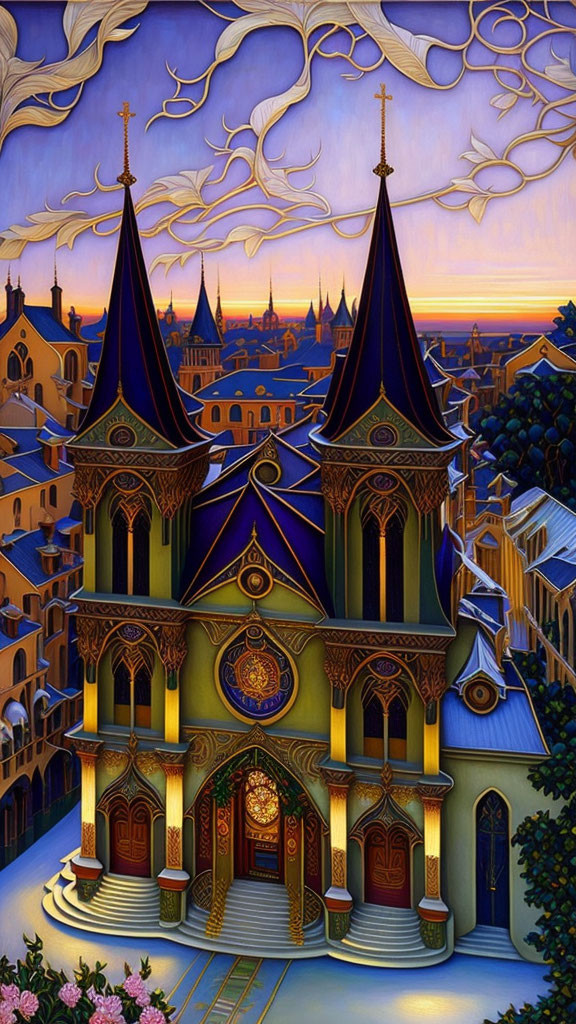 Stylized painting of gothic cathedral and whimsical buildings under twilight sky