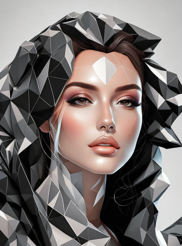 Geometric hood woman digital art in grayscale with vibrant makeup