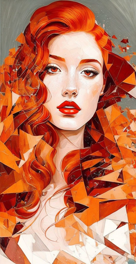 Vibrant Red Hair Woman Portrait with Geometric Shapes