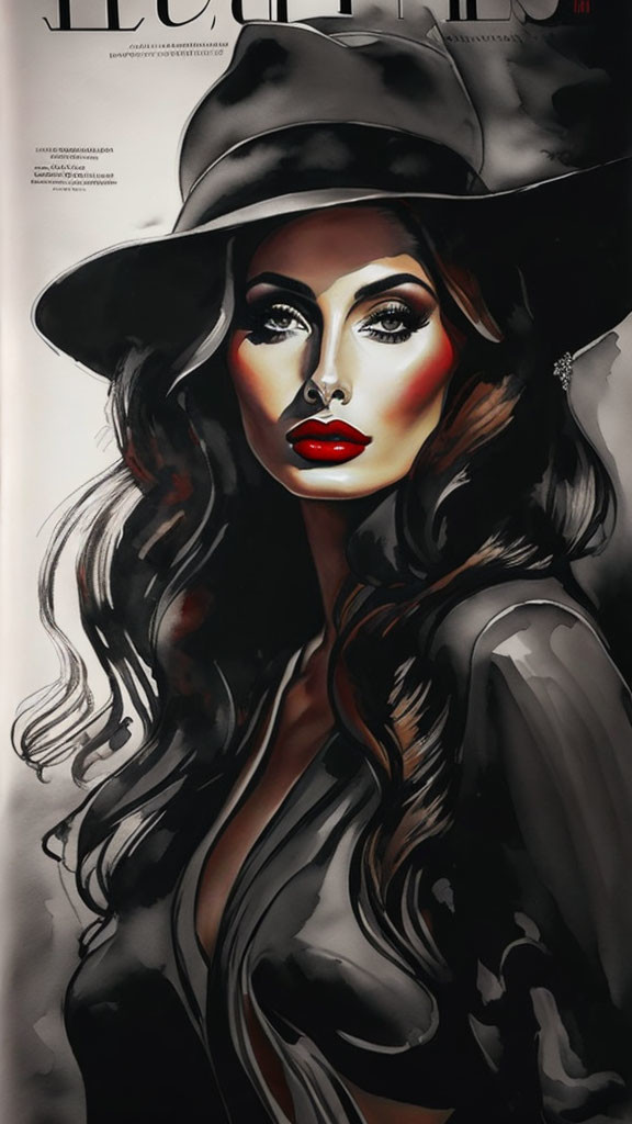 Fashion magazine cover: Woman with flowing hair, dramatic makeup, red lips, and wide-brimmed