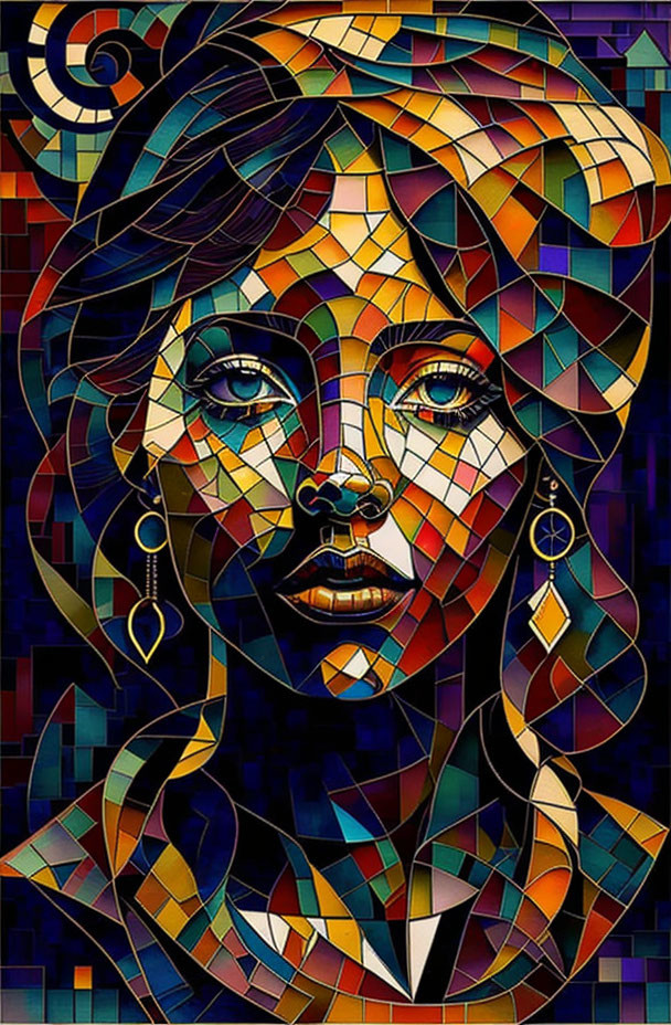 Vibrant stained-glass style woman illustration with geometric patterns