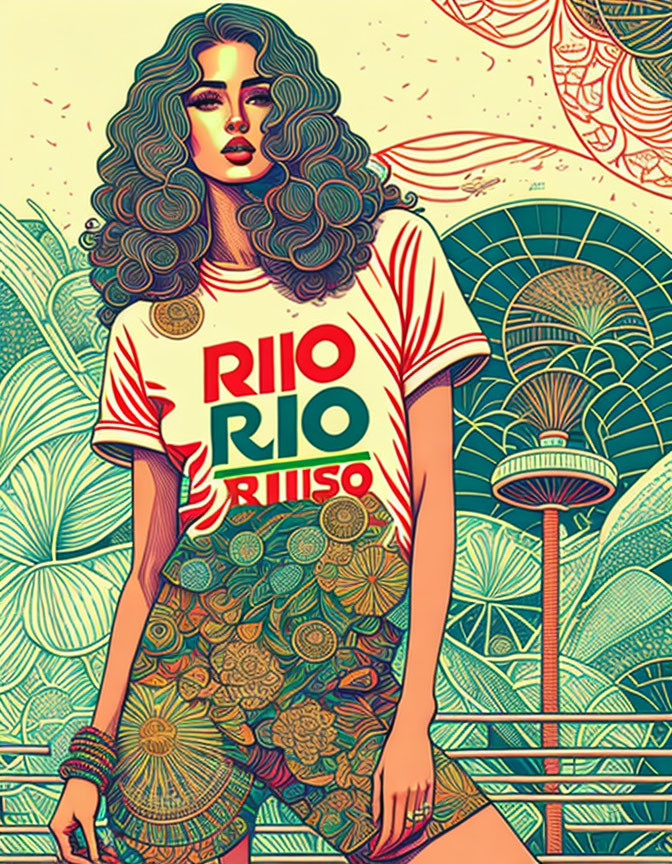 Colorful illustration of woman with wavy hair in T-shirt, surrounded by intricate patterns and tropical foliage