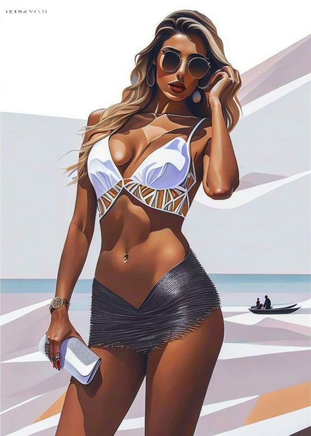 Stylized woman in sunglasses, white bikini top, metallic skirt, earrings, watch, and clutch