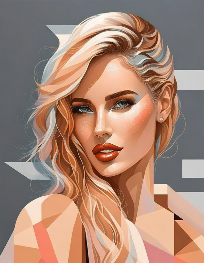 Blonde woman portrait with blue eyes and red lipstick