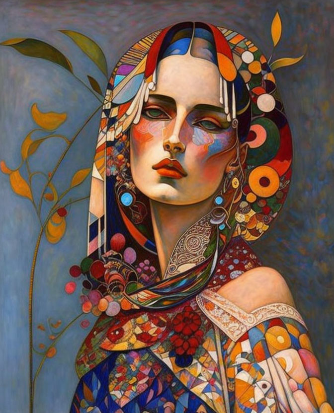 Colorful Floral Patterns Surrounding Woman's Stylized Portrait