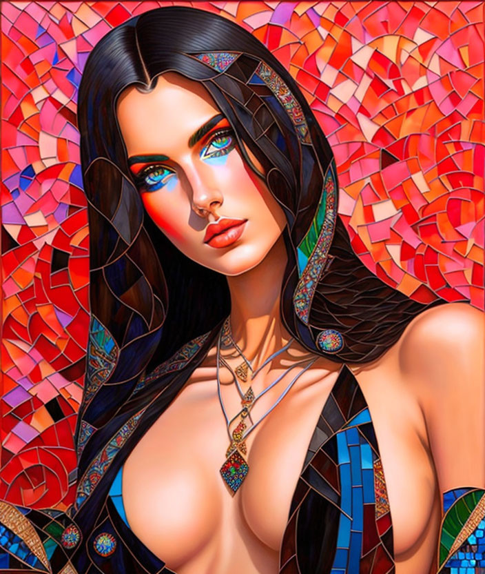 Dark-haired woman with blue eyes and vibrant make-up in front of a mosaic background and wearing a decorative