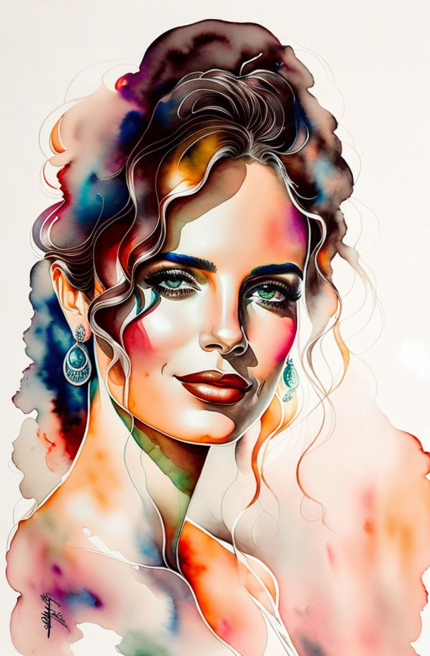 Vibrant watercolor portrait of a woman with curly hair and blue eyes