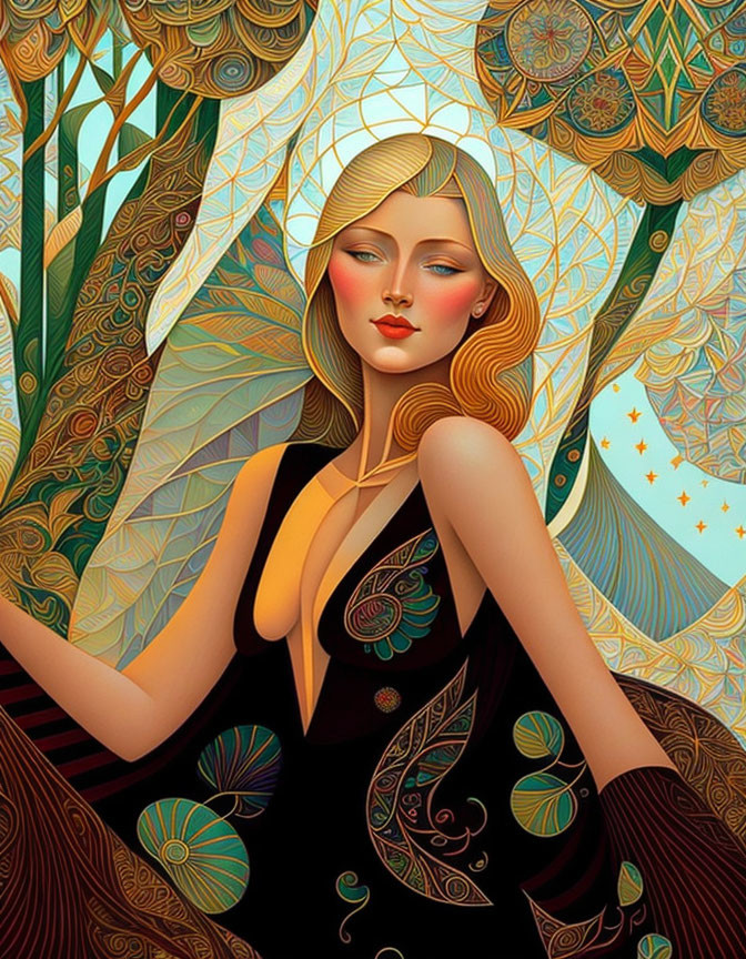 Art Nouveau Style Woman Illustration with Golden Hair & Nature Motifs