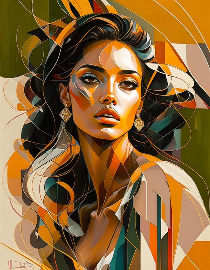 Vibrant geometric art of a woman with striking features