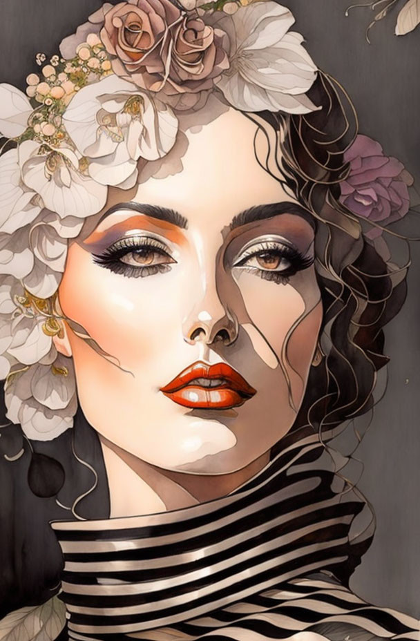 Illustrated portrait of woman with floral hair adornments and striking makeup