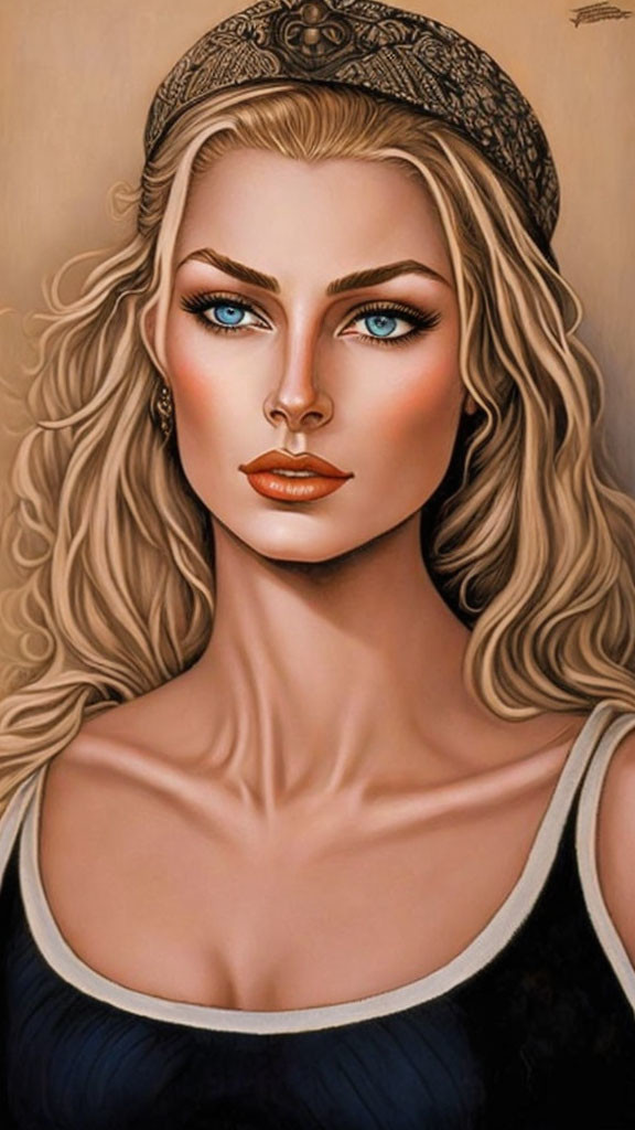 Detailed Illustration: Woman with Blue Eyes, Blonde Hair, Headband