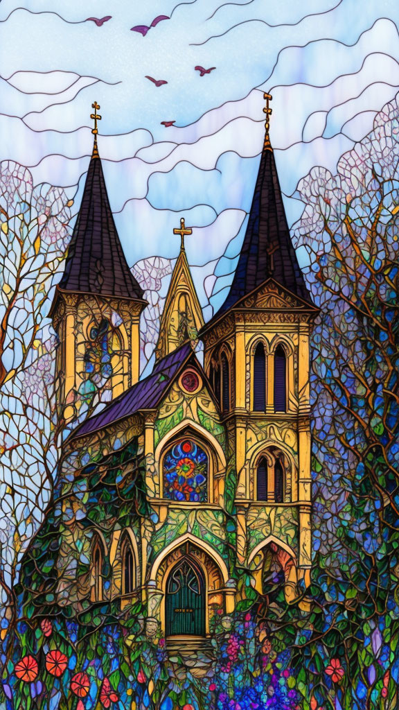 Colorful Stained Glass Church Artwork with Twin Spires