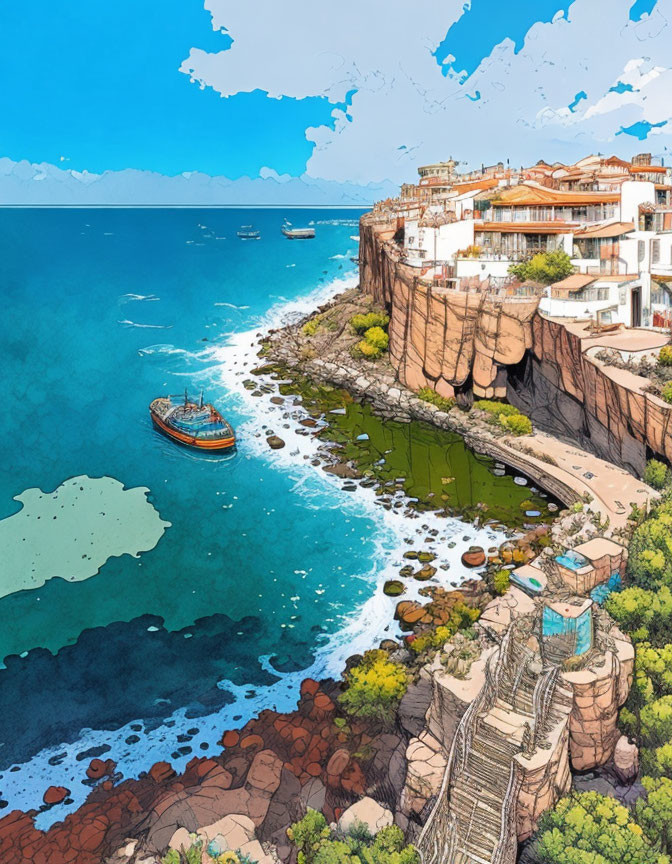 Scenic coastal cliffside town with boats and staircase by clear blue sea