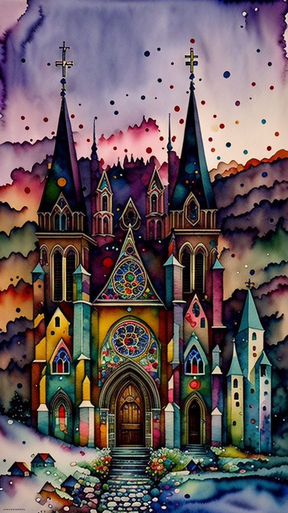 Colorful watercolor painting of whimsical gothic church with stained glass & starry sky.