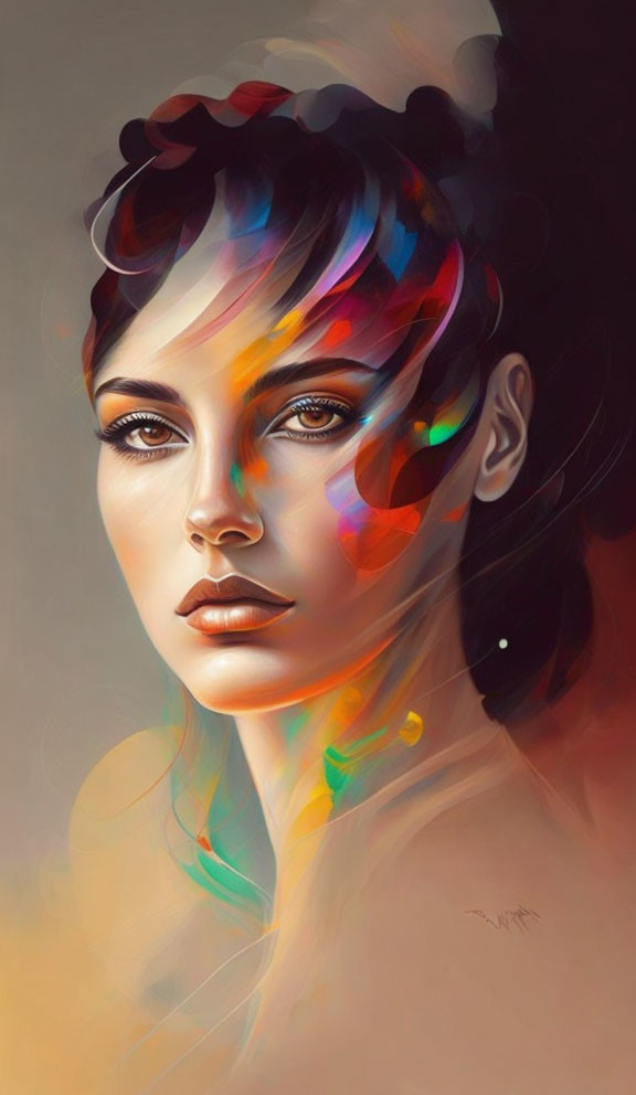 Dark-haired woman with intense gaze and colorful abstract patterns portrait.