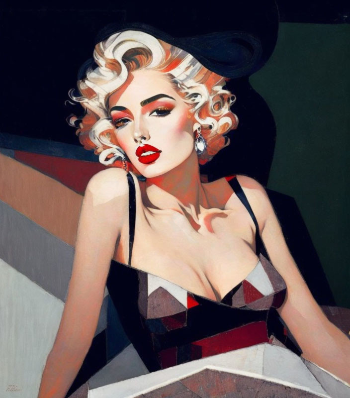 Glamorous woman with blonde curls, red lipstick, black hat, and patterned dress on abstract