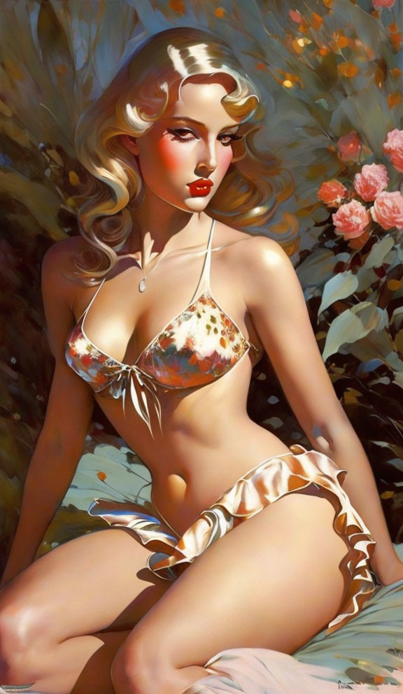 Blonde Woman in Bikini Poses Among Flowers in Retro Style