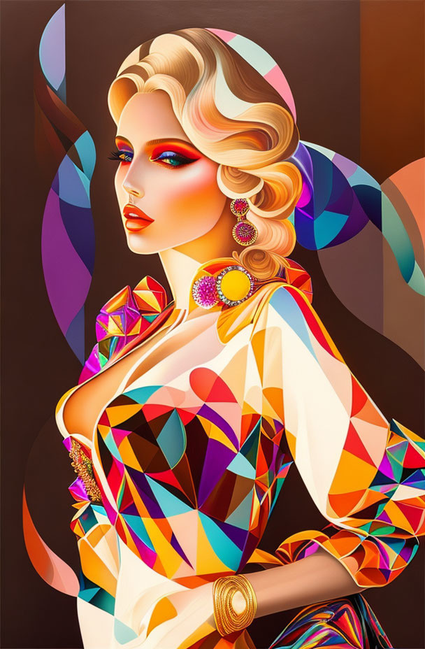 Colorful digital portrait of a woman with geometric patterns and vibrant makeup