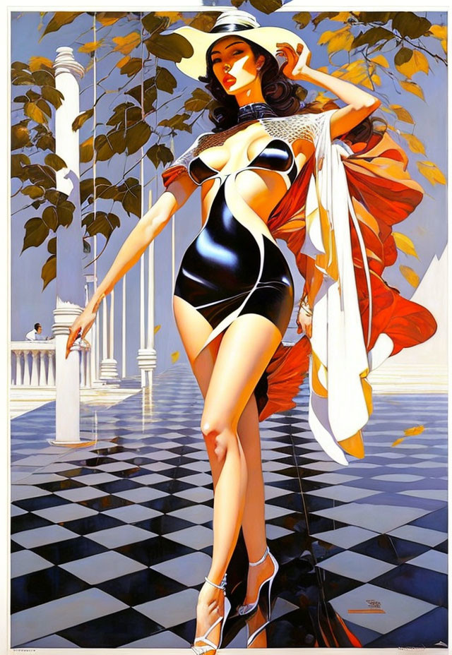 Stylized woman in black and white swimsuit on checkered floor with flowing scarf and classical architecture