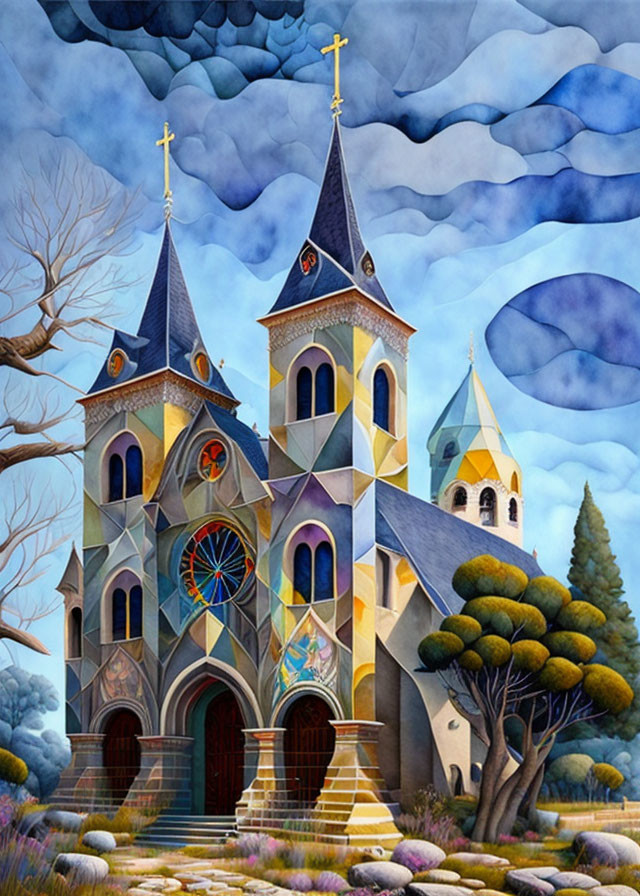 Colorful church painting with geometric patterns and stained glass window surrounded by whimsical trees under blue sky