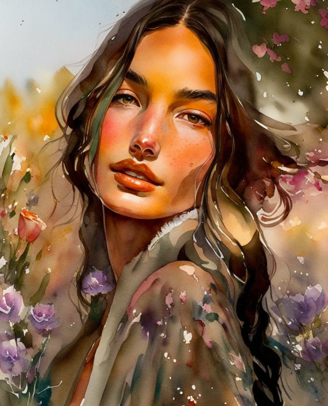 Vibrant watercolor portrait of a woman with flowing hair and flowers