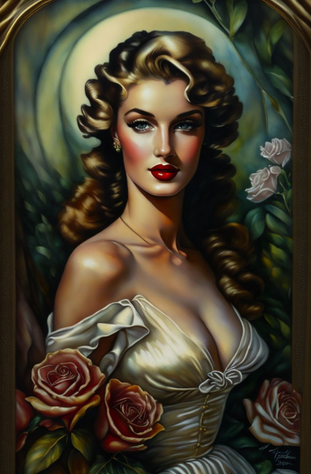 Illustrated portrait of woman with wavy hair and red lipstick in cream dress with roses, vintage glamorous