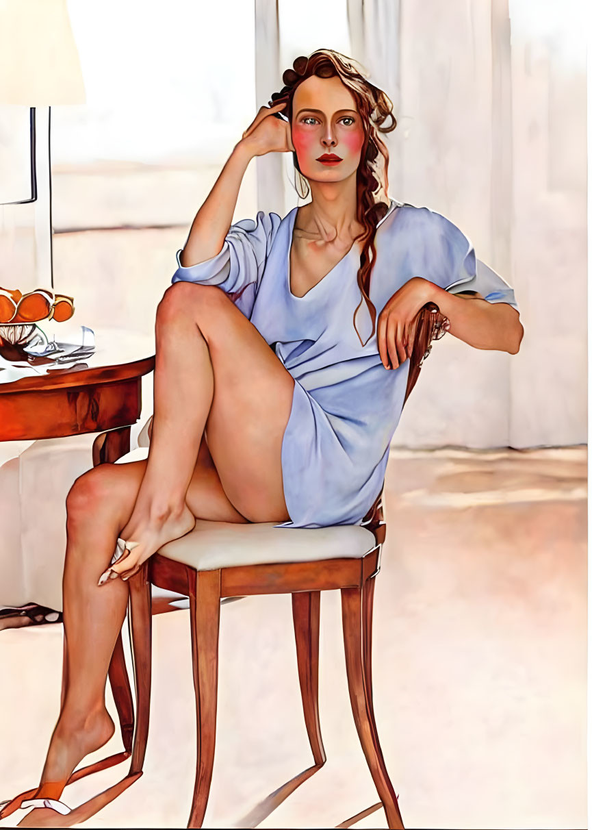 Woman in Light Blue Dress Sitting on Chair with Sunglasses on Table