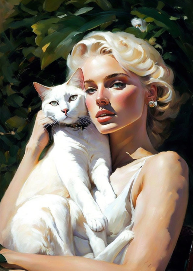 Blonde woman with red lips holding white cat in green foliage