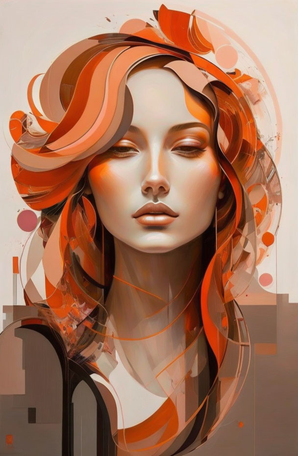 Stylized portrait of woman with orange hair on abstract beige background