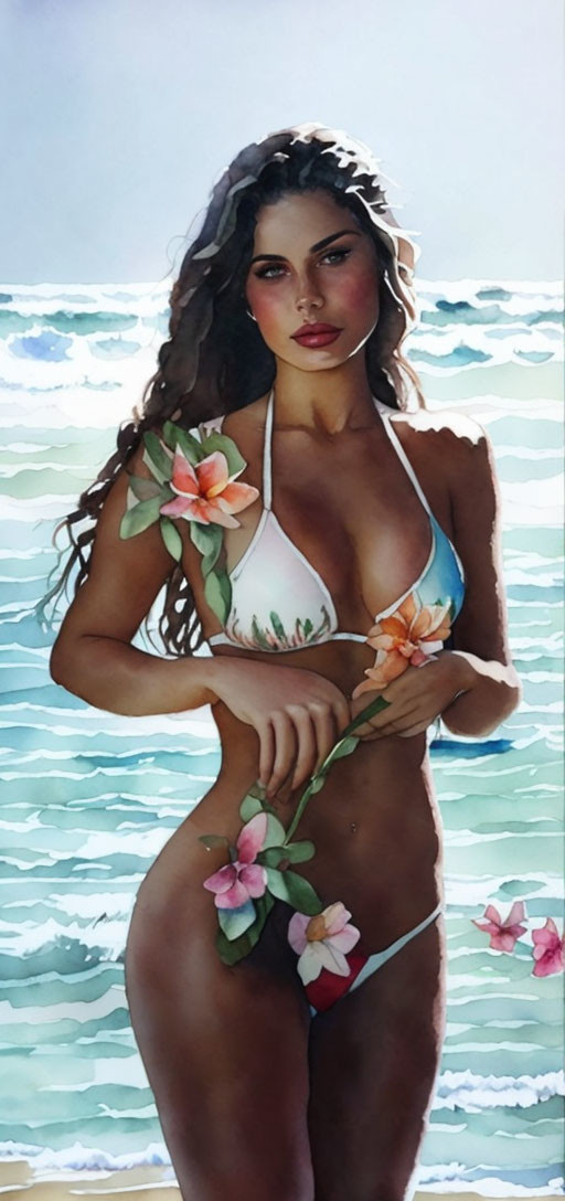 Woman in White Bikini Holding Flowers at Seaside with Sunlight