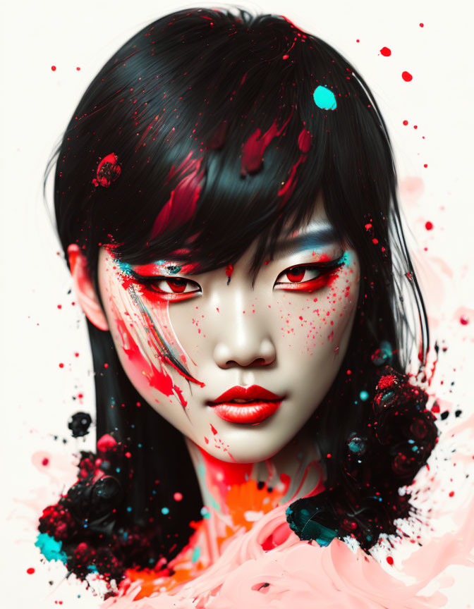 Colorful digital portrait of a woman with red and blue paint splashes and dark floral hair merge.