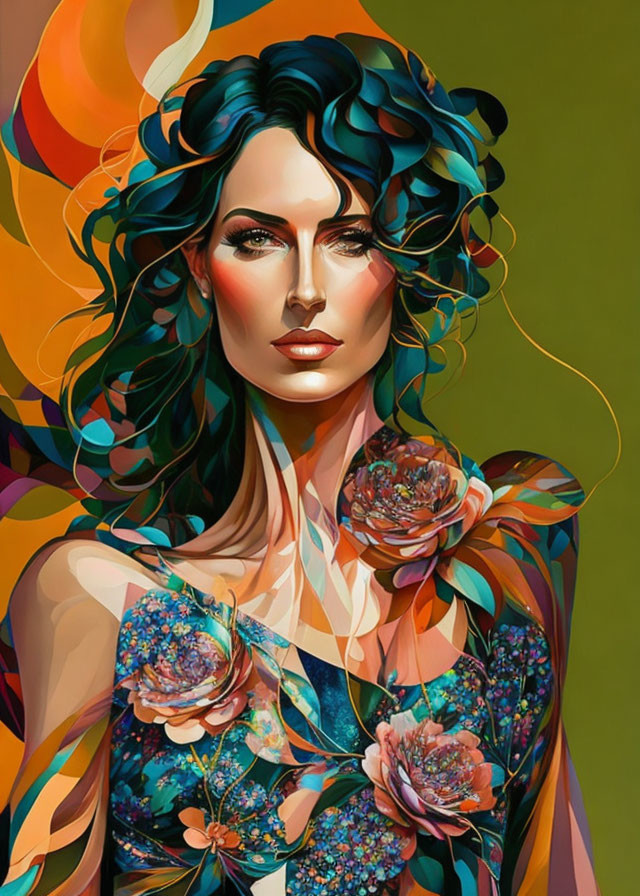 Colorful Stylized Portrait of Woman with Swirling Hair and Floral Dress