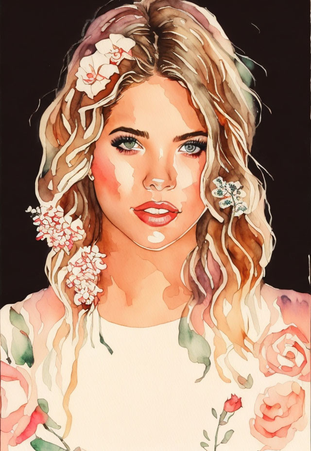 Portrait of a woman with flowers in wavy hair and prominent eyes.