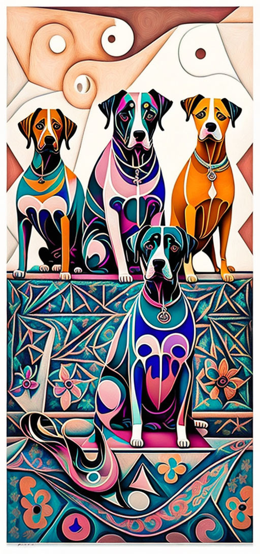 Vibrant painting of five dogs with abstract patterns on bodies, set against geometric and floral backdrop