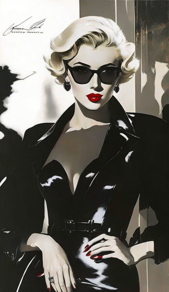 Monochrome illustration of glamorous woman in black outfit