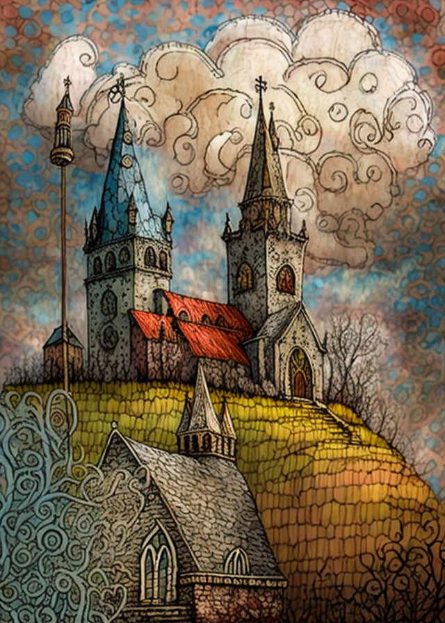 Colorful Stylized Medieval Church with Pointed Spires and Whimsical Sky