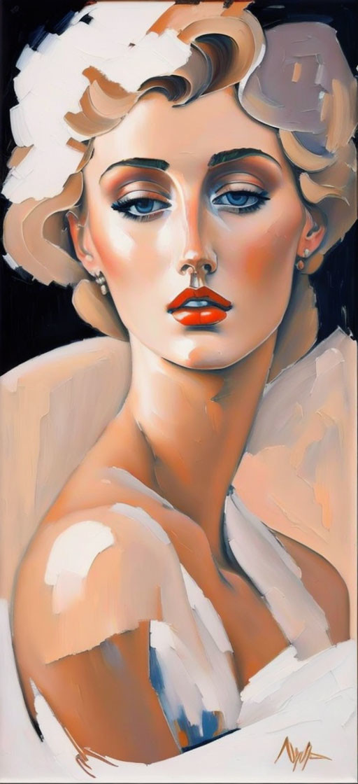 Stylized portrait of woman with pale skin, blonde hair, blue eyes, and red lips in