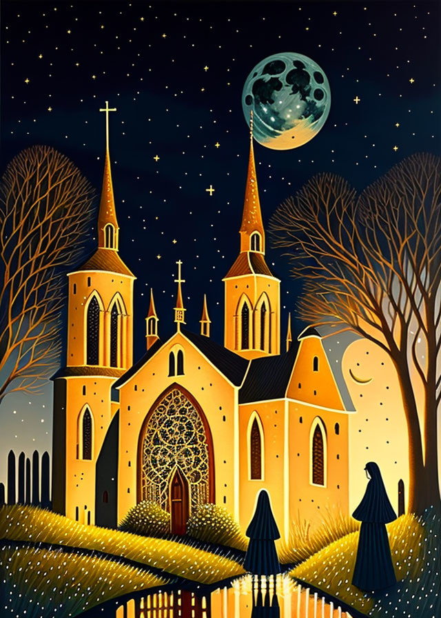 Starry Night Scene: Full Moon, Church, and Figures by Water