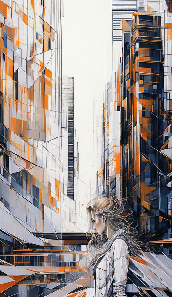 Stylized painting of a woman in thought with abstract high-rise buildings in orange and white.