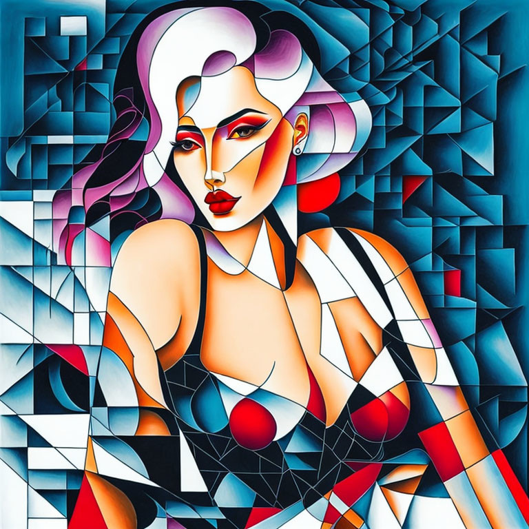 Cubist-style abstract painting of a woman with bold makeup