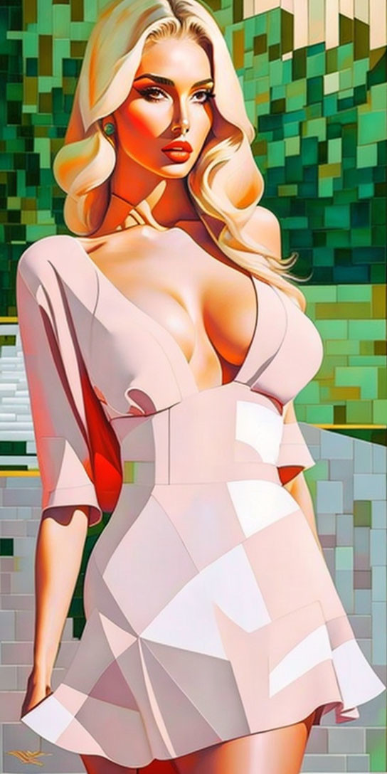 Stylized woman with blonde hair in white dress on geometric backdrop