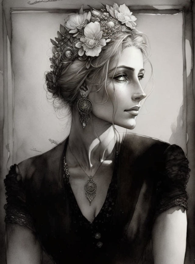 Detailed monochrome illustration of woman in floral headpiece and ornate earrings with side gaze and subtle smile