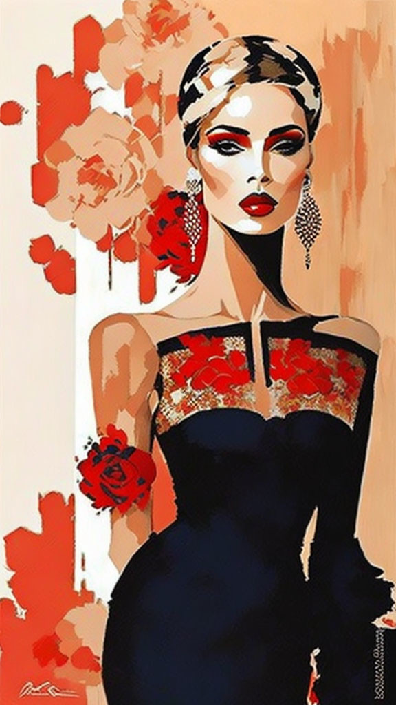 Illustration of woman in bold makeup, black dress with red floral details, headband, and earrings