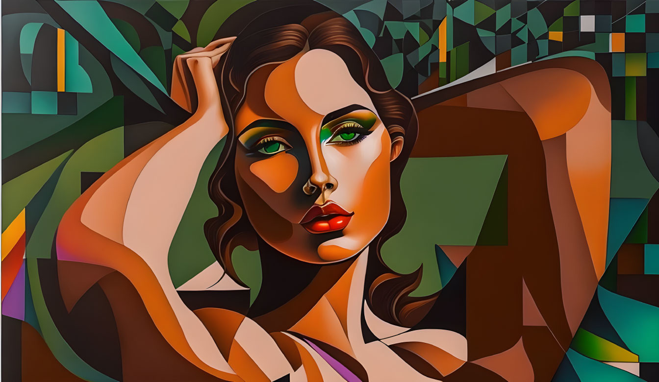 Stylized portrait of a woman with green eyes and geometric patterns