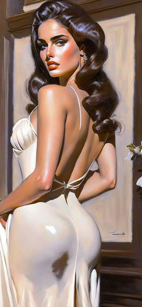 Illustration of woman in backless white dress with dark hair & bold makeup