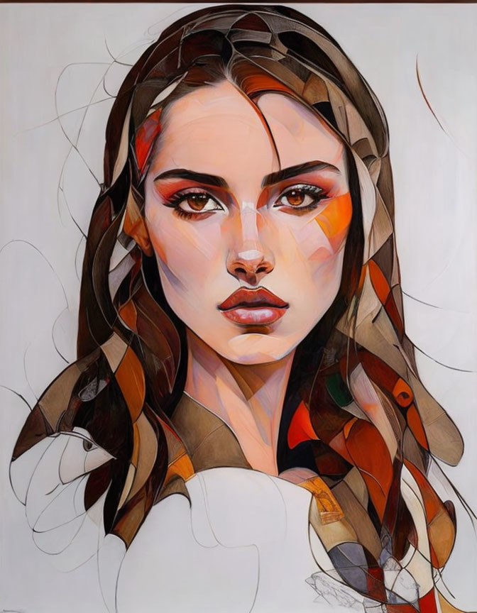 Stylized portrait of a woman with flowing hair and abstract orange accents