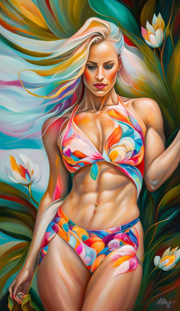 Colorful painting of woman in swimsuit with flowing hair in whimsical setting