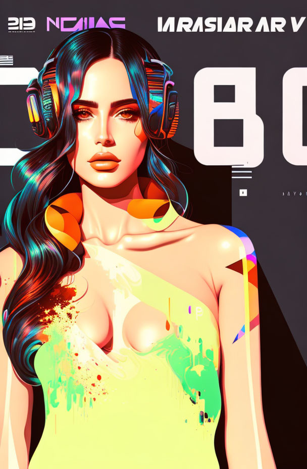 Colorful digital artwork of woman with headphones